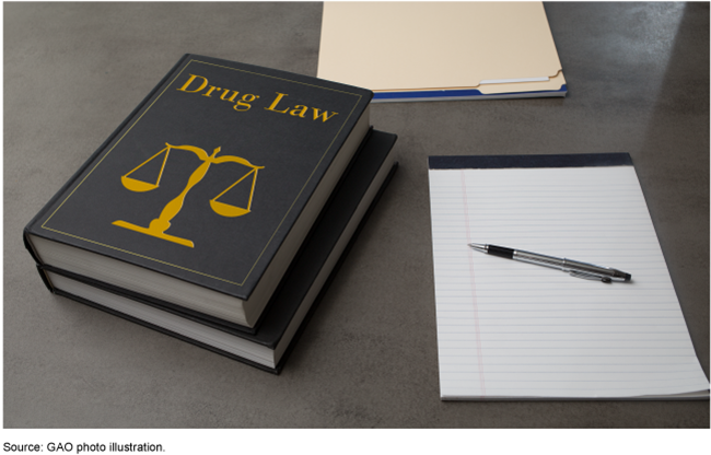 Two books on drug laws, a notepad and pen, and file folders on a table