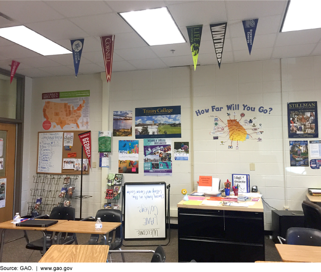 A high school classroom with college pennants hanging from the ceiling.