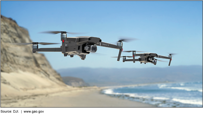 Two drones flying over a beach