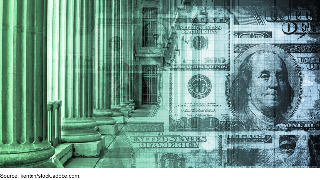 A computer illustration showing the Capitol columns with a green overlay and $100 bills