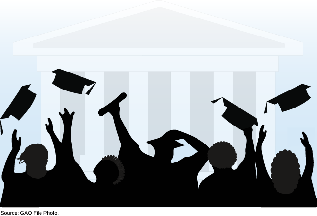 Black and white graphic of the silhouettes of graduates throwing their caps into the air.