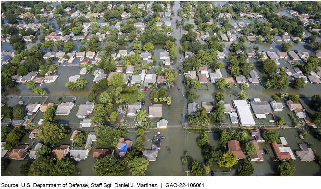 An aerial photo of a flooded neighborhood. 