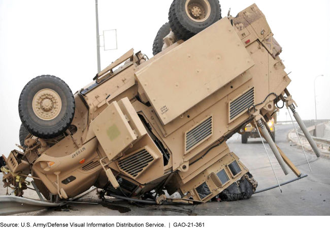 An overturned tactical vehicle