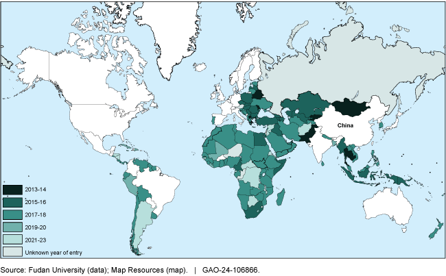 Global map showing countries that signed agreements with China to join its Belt and Road Initiative--includes most of Africa, parts of South America and Europe, Asia and New Zealand.