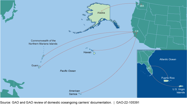 Map showing cargo ship routes to U.S. states and territories from the contiguous U.S.