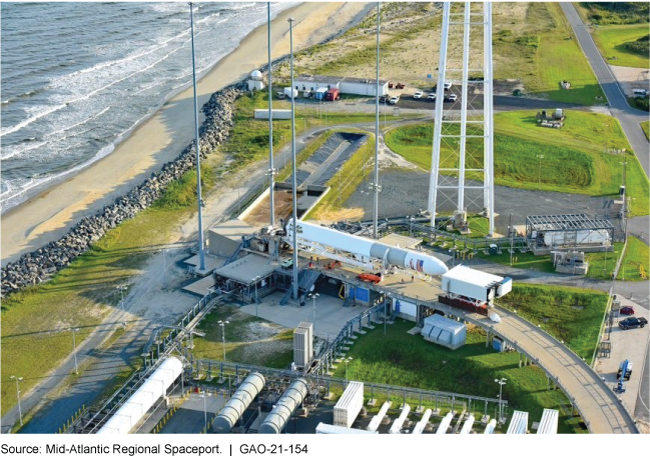 A space launchpad next to a shoreline