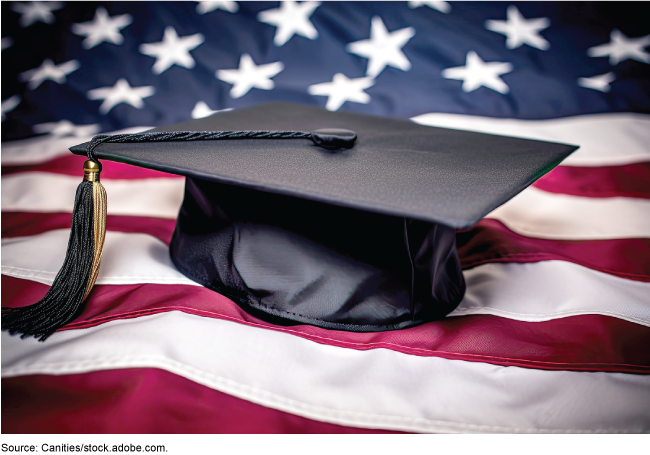 A graduation cap laying on top of the American flag.