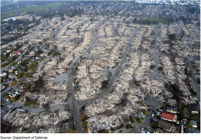 Aerial view of residential area destroyed by wildfire
