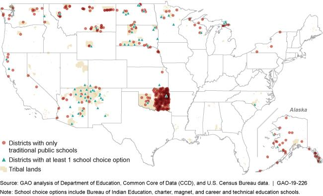 Map of the U.S. showing that most school districts offered only traditional public schools. 