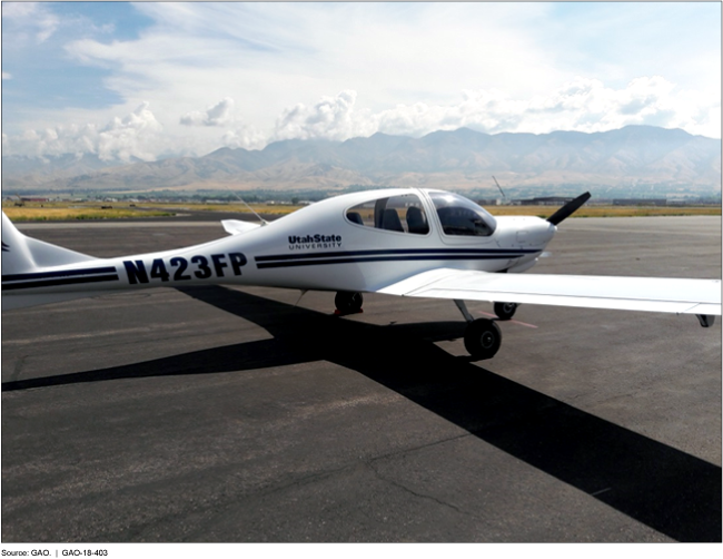 Photo of a Utah State University training airplane on a runway.