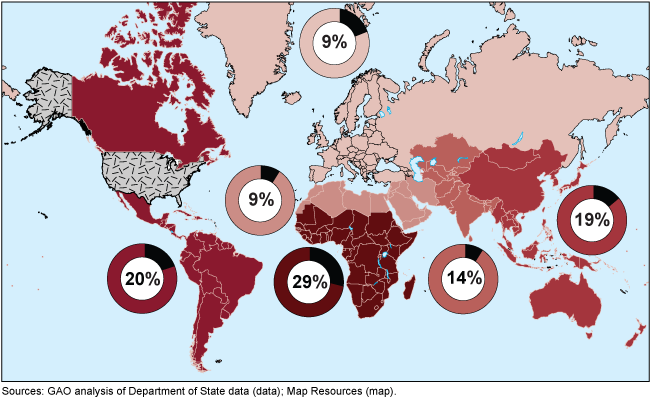 World map showing percentages, by region, of evacuated overseas staff