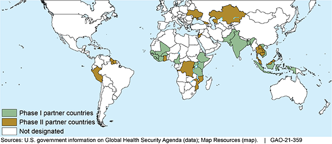 World map showing the locations of Phase I and Phase II Global Health Security Agenda partner countries.