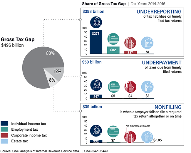 Pie chart showing 80% of the tax gap is from underreporting of tax liabilities on timely filed tax returns.