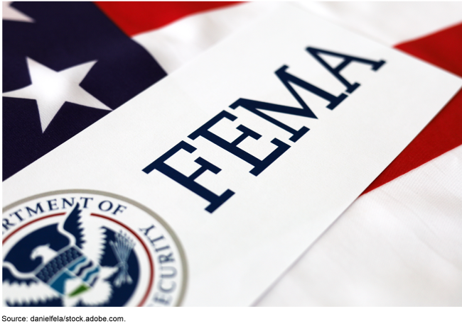 A Federal Emergency Management Agency logo and sign laid out on top of the U.S. flag