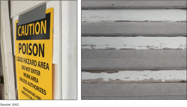 Lead paint and a caution sign warning of potential for lead poisoning