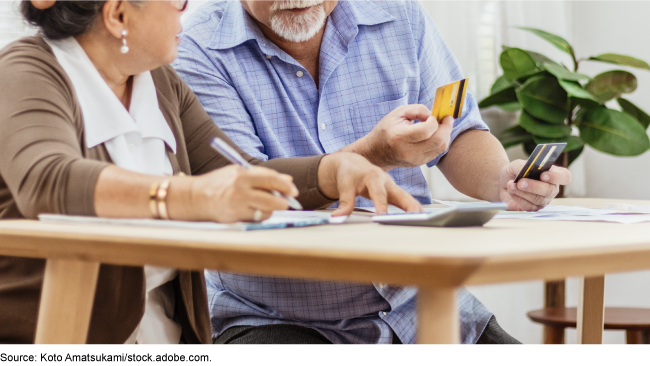 An older couple sitting at a table with credit cards and a calculator.