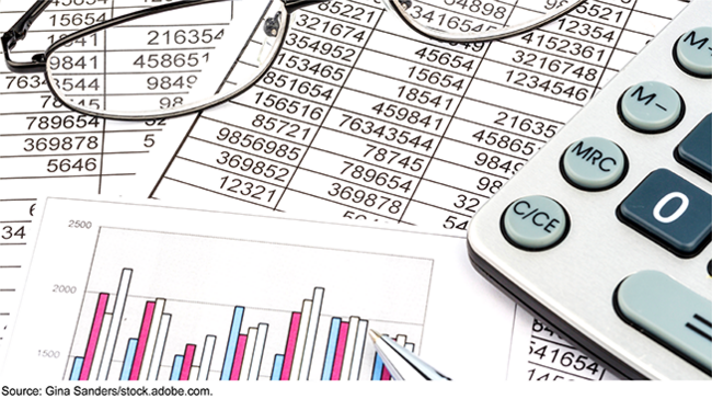 Glasses and a calculator sitting on top of accounting sheets of numbers and bar charts.