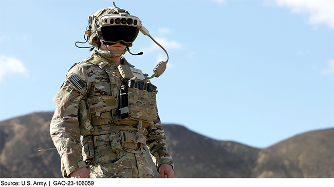 Photo showing a soldier in a military uniform wearing a helmet with a screen over his eyes