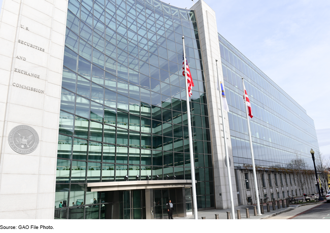 Glass-covered front of the Securities and Exchange Commission building with flags.