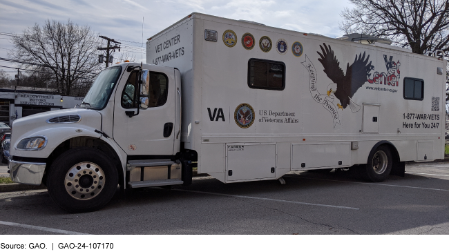 A Mobile Vet Center truck with the U.S. Department of Veterans Affairs logo and large eagle printed on the side.
