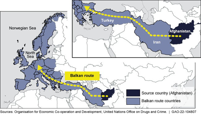 Map showing path from Afghanistan to western Europe