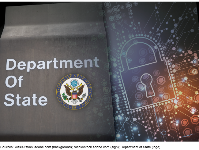 Illustration showing the Department of State building sign and seal next to a graphic showing a lock and cyber elements. 
