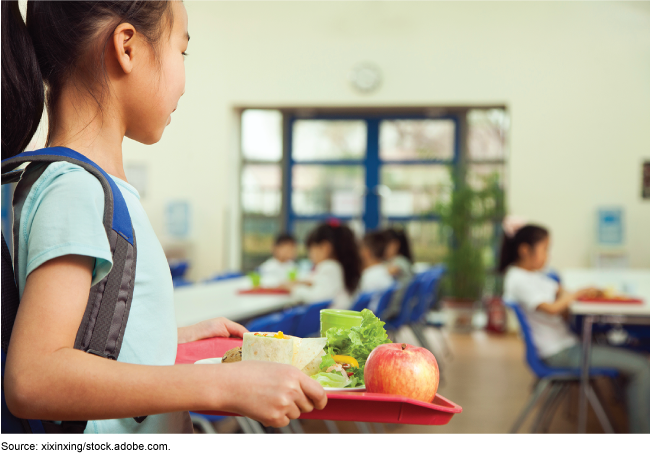 A child in a school cafeteria carrying a tray of food