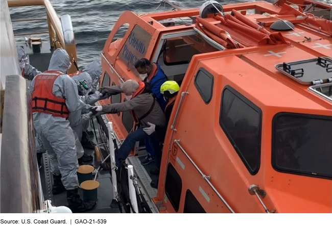 U.S. Coast Guard helping an individual disembark from a cruise ship tender