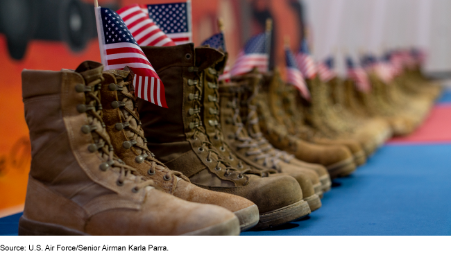 pairs of soldiers' boots lined up in a row with a small American flag placed in each pair