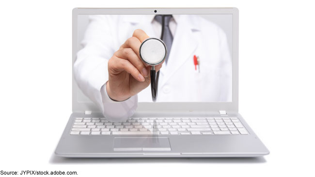 Illustration of telehealth--an image showing a laptop with a medical professionals hand and body coming out of the screen holding a stethoscope. 
