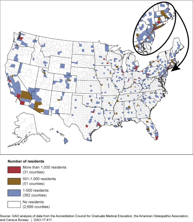 Map of the United States showing distribution of medical residents.