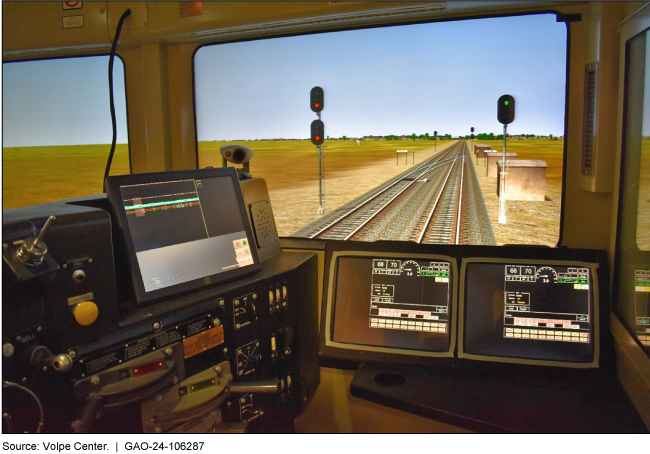 A view of train tracks and a signal from the inside of a train simulator with monitors and controls