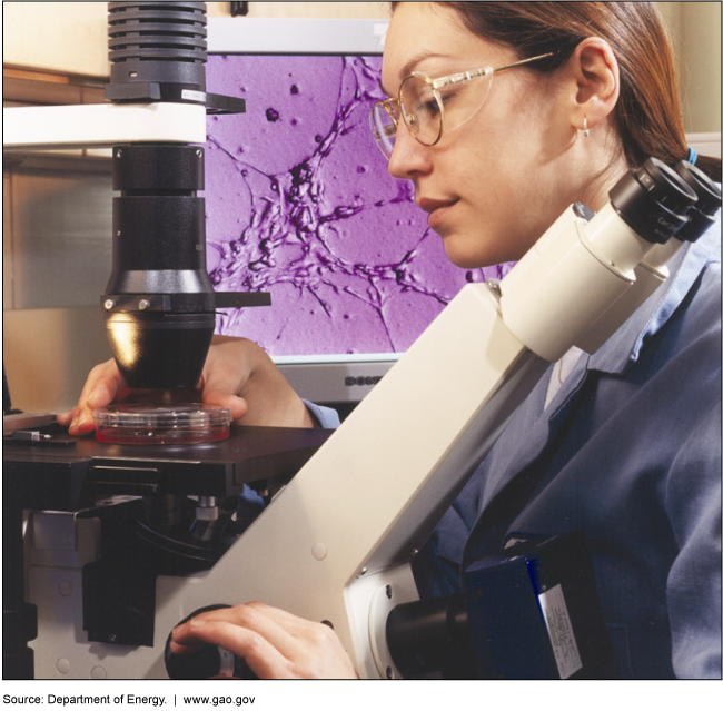 A woman uses a large microscope to examine a sample in a petri dish.