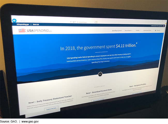 A computer screen with usaspending.gov pulled up and the words 'In 2018, the government spent $4.11 trillion.'