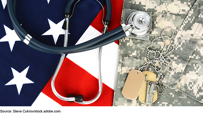 An American flag, stethoscope, military uniform, and military ID tags 