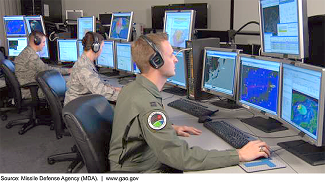 Missile Defense Agency employees at computer stations with multiple monitors 
