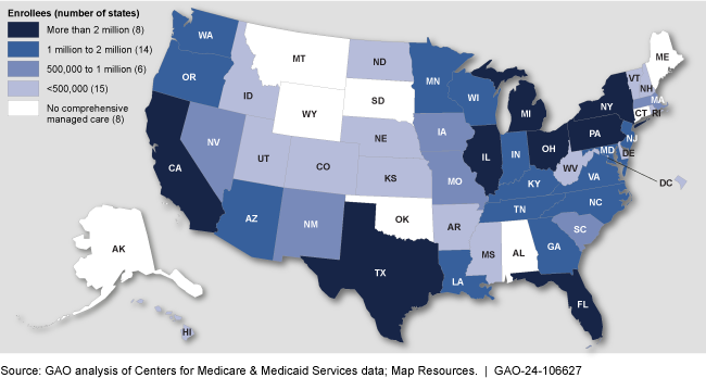 Each state on a U.S. map shaded to show the number of Medicaid enrollees who receive services
