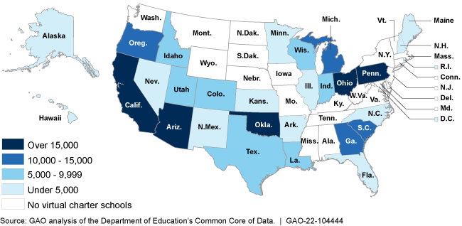 Map of the United States showing virtual charter school enrollments 
