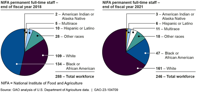 Number of Permanent Full-Time Staff at NIFA, by Race and Ethnicity, at the End of Fiscal Years 2018 and 2021