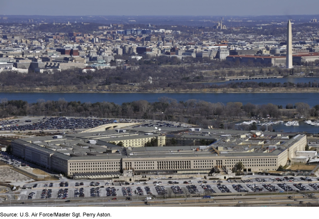 Aerial view of the Pentagon with the Potomac River and Washington Monument in the background.