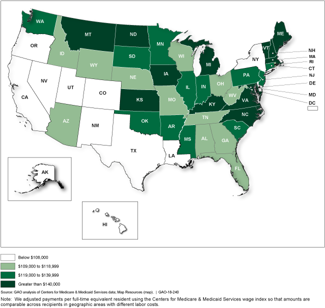 A map showing that Medicare payments per medical resident are not evenly distributed across states.