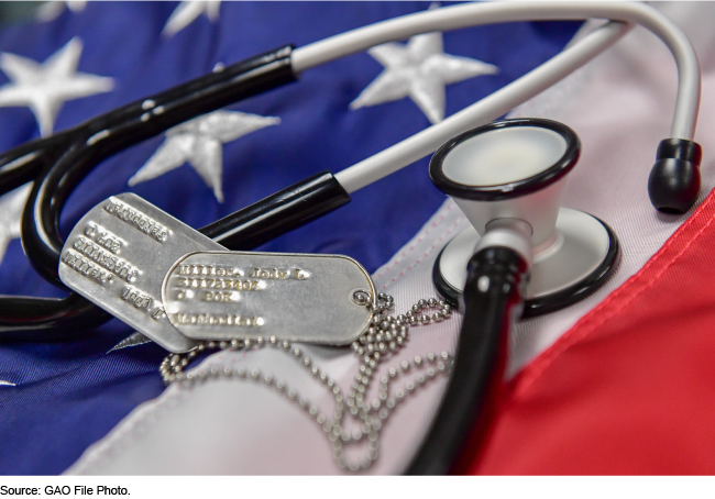 Stethoscope and military identification tags placed on an American flag. 