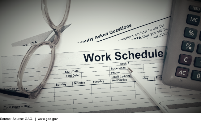 Work schedule, calculator, pen, glasses