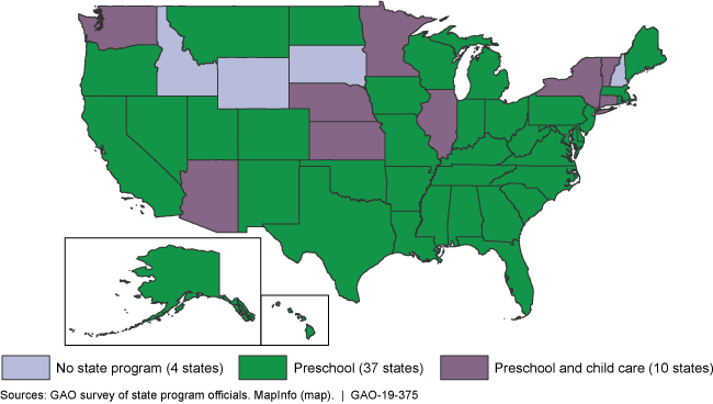 Map of USA. 37 states have preschool programs, 10 states have preschool and child care programs, and 4 states have no program.
