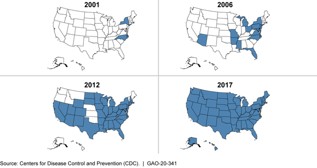 2001-2017 Cumulative Spread of One Type of Highly Resistant Bacteria in the United States