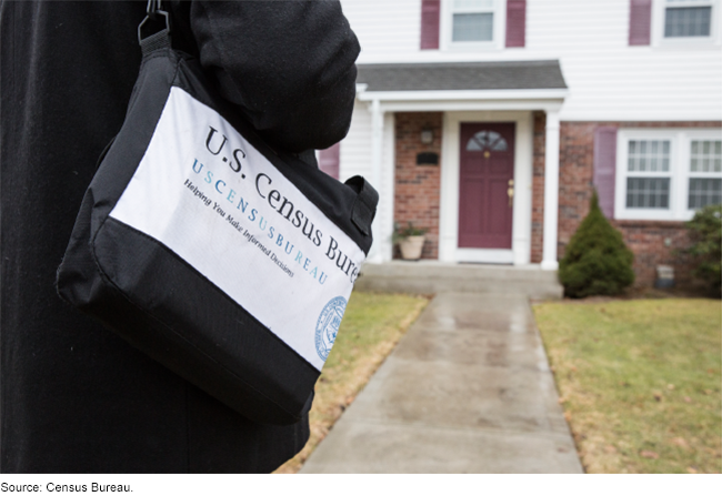 Person carrying a U.S. Census Bureau bag