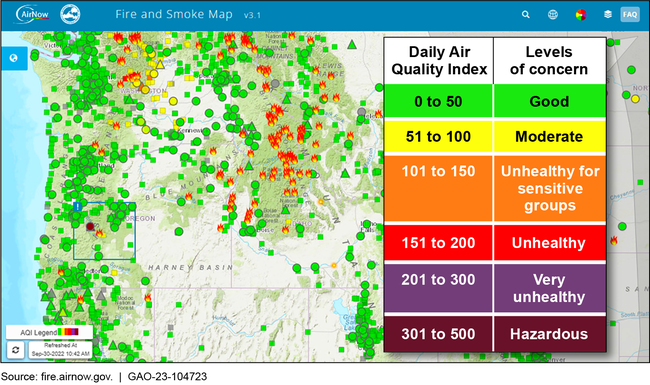 Fire and Smoke Map, Showing Air Quality Information, Fire Locations, and Smoke Coverage