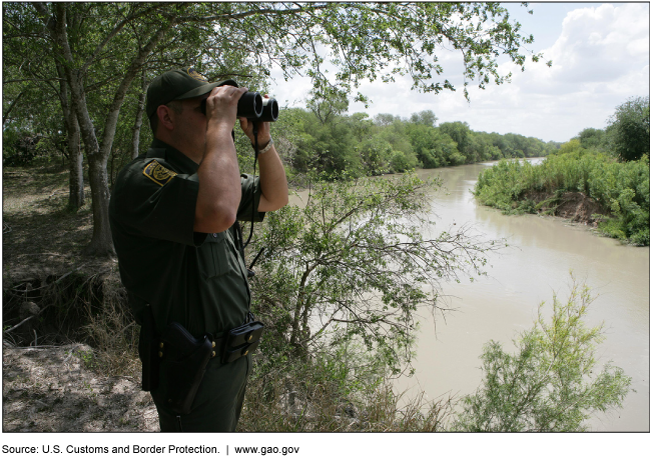 A border patrol agent using binoculars outside