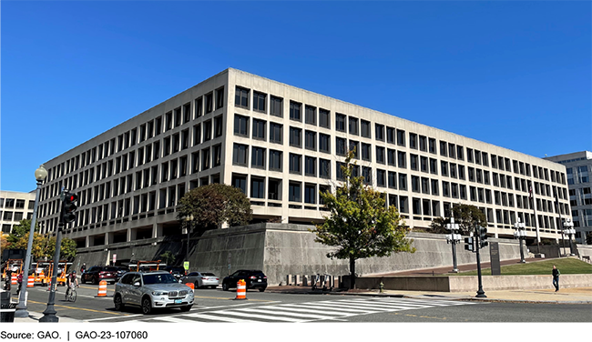View of the exterior of the Department of Labor from the street with a blue sky in the background