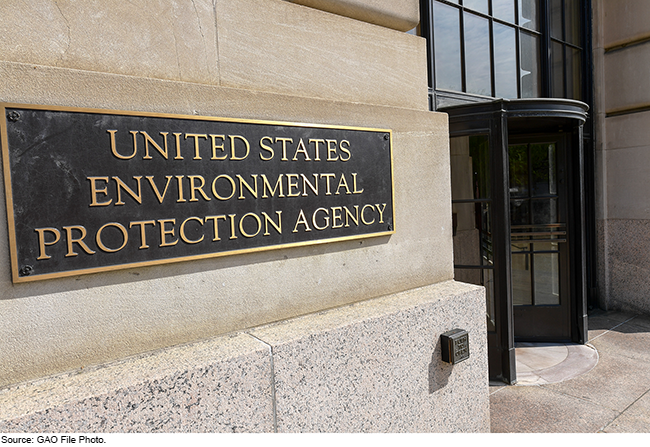 Sign bearing the name United States Environmental Protection Agency on the outside of the building.
